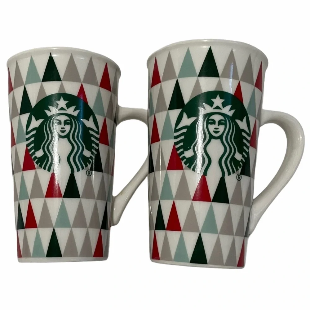 Starbucks Geometric Triangle Tall Mug Set Red Gray White Christmas OS